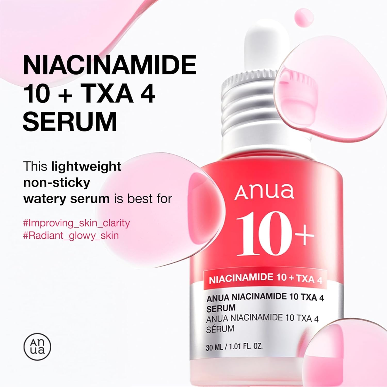 ANUA Suero Con 10% De Niacinamida Y 4% De Ácido Tranexámico, Ceramida, Ácido Hialurónico, Vitamina B12, Color Natural, Para Pieles Sensibles, Piel De Cristal Coreana, Sin Fragancia 30 Ml/1,01 Fl.Oz.