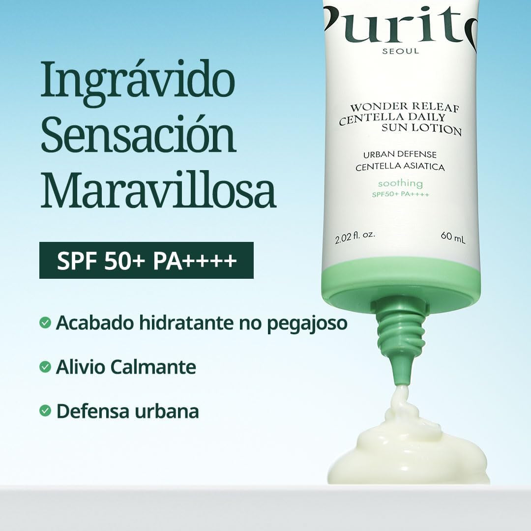 SEOUL Wonder Releaf Centella Loción Solar Diaria, SPF50+ PA++++, Centella Coreana, Sin Erosión Blanca, Calmante, Loción Solar Facial, K-Beauty