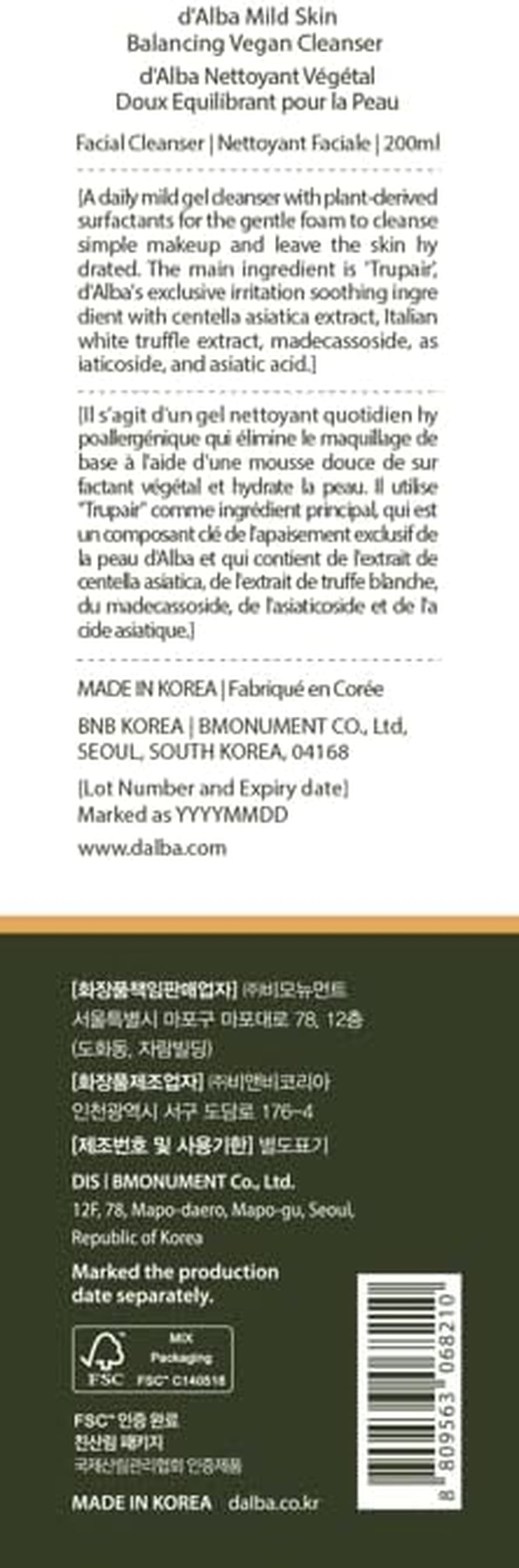 D'Alba Limpiador Vegano Suave Para Equilibrar La Piel Con Trufa Blanca Italiana, Limpiador En Gel De Ph Suave, Limpiador Hidratado Y No Tensor, Vegano