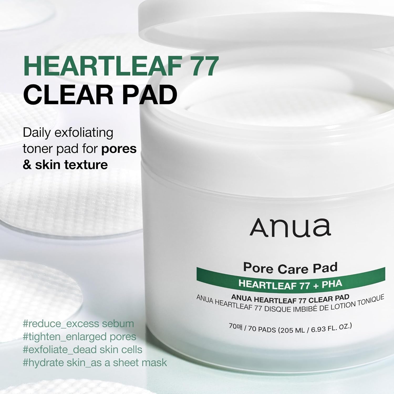 ANUA Disco Tónico Heartleaf 77, Discos Exfoliantes Suaves Para Piel De Cristal, Cuidado Hidratante De Los Poros Para Piel Sensible, 70 Discos Blanco