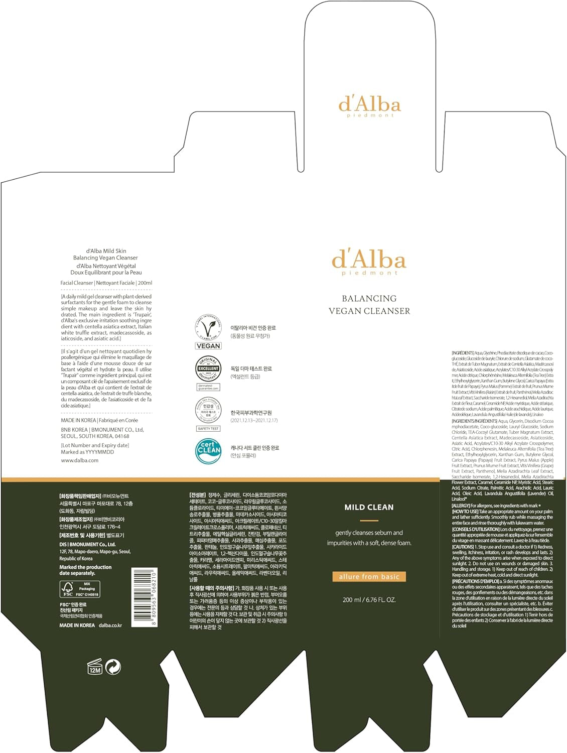 D'Alba Limpiador Vegano Suave Para Equilibrar La Piel Con Trufa Blanca Italiana, Limpiador En Gel De Ph Suave, Limpiador Hidratado Y No Tensor, Vegano