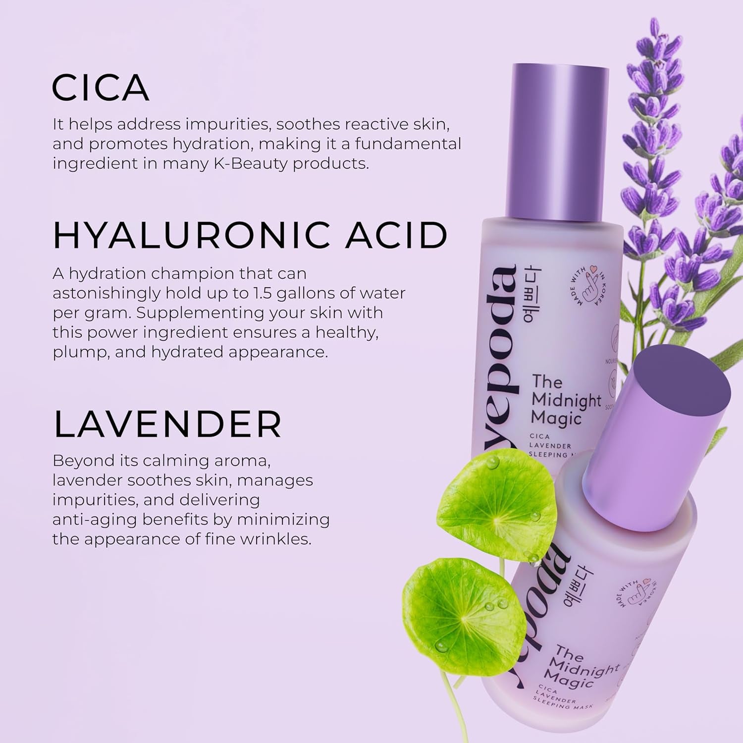 Yepoda the Midnight Magic, Mascarilla De Noche Hidratante Y Rejuvenecedora, Fórmula Nutritiva De Centella Asiática Y Lavanda, Crema Hidratante De Noche Coreana Vegana Para Todo Tipo De Pieles, 50 Ml