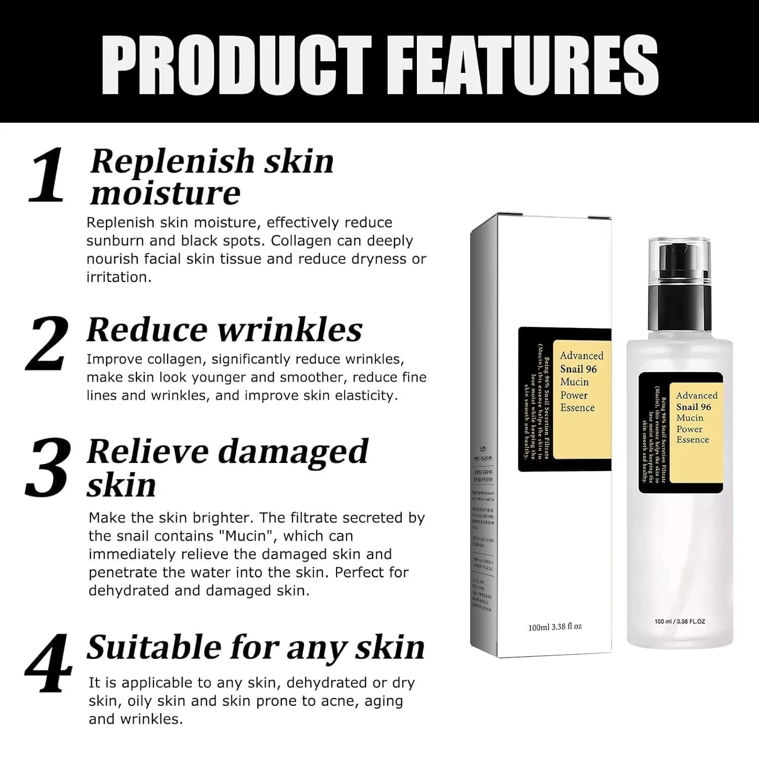 Snail Mucin Peptide Essence,Hyaluronic Acid Skin Repair Serum,Lightens Wrinkles and Dark Spots,Face Moisturizing and Hydrating