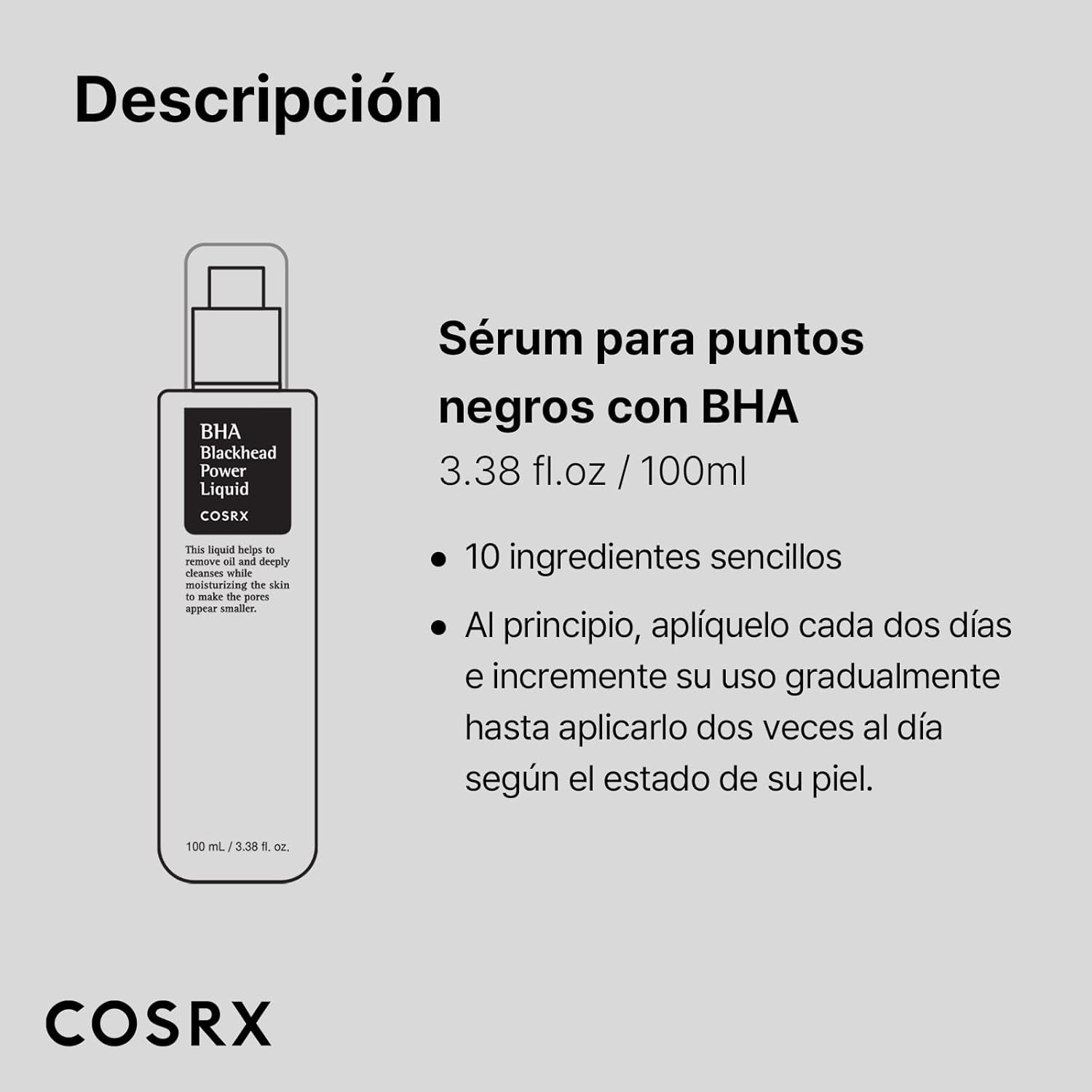 COSRX 100Ml Líquido Para Puntos Negros BHA 4%, Los Poros Congestionados Desaparecen, Salicilato De Betaína, Hipoalergénico, Testado Por Dermatólogos, SIN Crueldad, SIN Parabenos, SIN Sulfatos